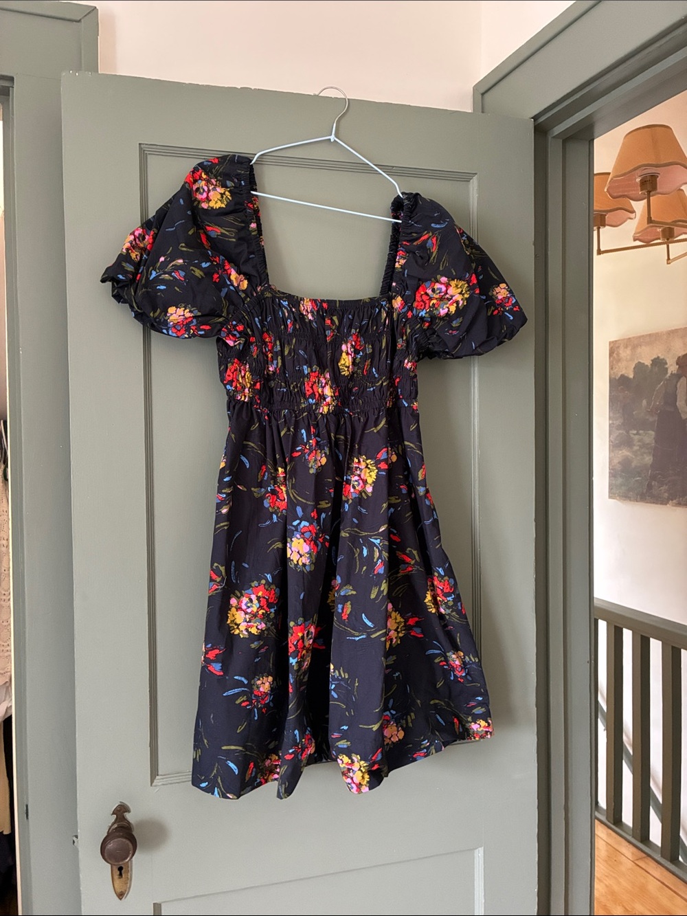 Smocked Navy Floral Puff-Sleeve Casual Dress